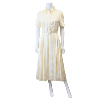 Ecru Floral Jacquard Belted Midi Shirt Dress