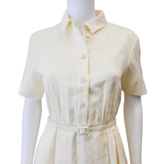 Ecru Floral Jacquard Belted Midi Shirt Dress
