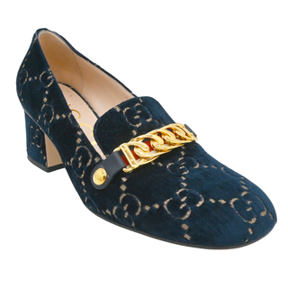 Navy GG Velvet Chain Horsebit Mid-Heel Loafers