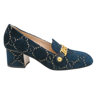 Navy GG Velvet Chain Horsebit Mid-Heel Loafers