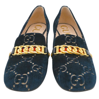 Navy GG Velvet Chain Horsebit Mid-Heel Loafers
