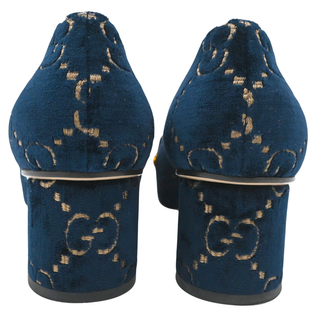 Navy GG Velvet Chain Horsebit Mid-Heel Loafers