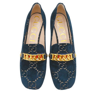 Navy GG Velvet Chain Horsebit Mid-Heel Loafers