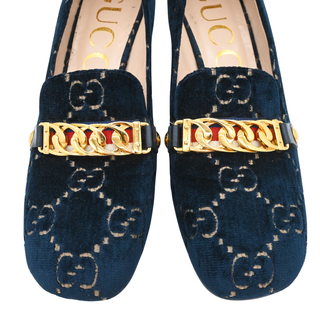 Navy GG Velvet Chain Horsebit Mid-Heel Loafers