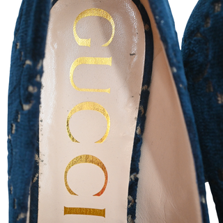 Navy GG Velvet Chain Horsebit Mid-Heel Loafers