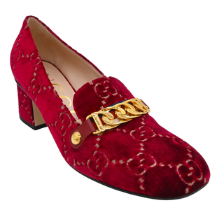 Red GG Velvet Chain Horsebit Mid-Heel Loafers