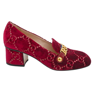 Red GG Velvet Chain Horsebit Mid-Heel Loafers