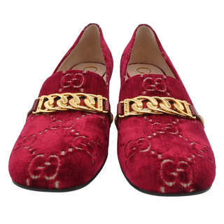 Red GG Velvet Chain Horsebit Mid-Heel Loafers