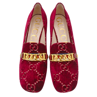 Red GG Velvet Chain Horsebit Mid-Heel Loafers