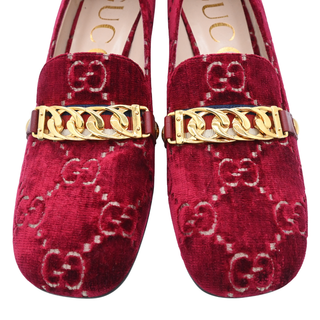 Red GG Velvet Chain Horsebit Mid-Heel Loafers