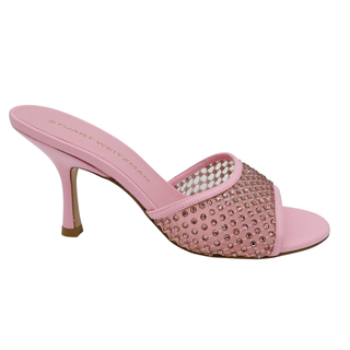 Bareitall Pink Crystal Embellished Mesh Slide Heels