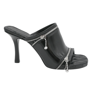 Peep Zipper Detail Leather Heeled Mules