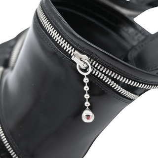 Peep Zipper Detail Leather Heeled Mules