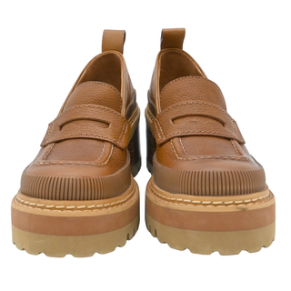 Brown Leather Platform Lug Sole Penny Loafers