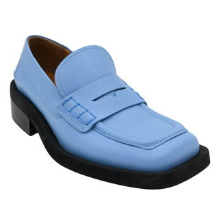 Blue Leather Square Toe Penny Loafers