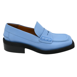 Blue Leather Square Toe Penny Loafers