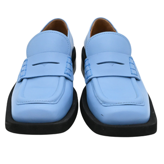 Blue Leather Square Toe Penny Loafers