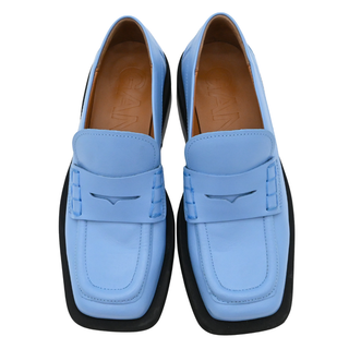 Blue Leather Square Toe Penny Loafers