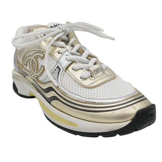 Vintage Metallic Gold & White CC Logo Mesh Sneakers