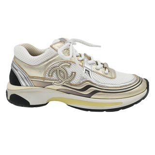 Vintage Metallic Gold & White CC Logo Mesh Sneakers