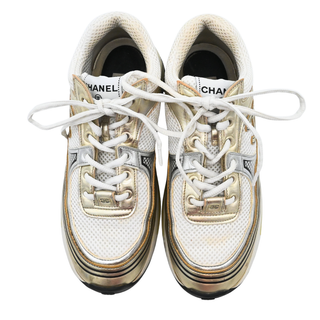 Vintage Metallic Gold & White CC Logo Mesh Sneakers