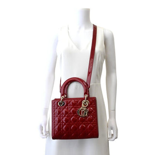 Cherry Red Medium Lady Dior Cannage Patent Leather Bag
