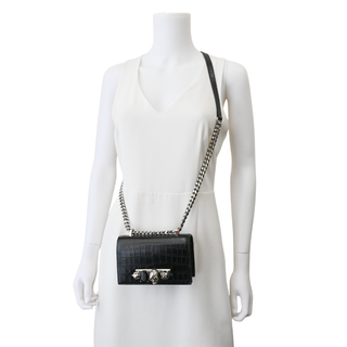 Jewelled Croc-Embossed Leather Satchel Bag