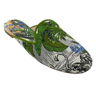Green Toile de Jouy Tropical Embroidered Mules