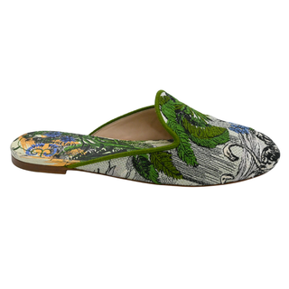 Green Toile de Jouy Tropical Embroidered Mules