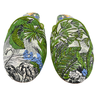 Green Toile de Jouy Tropical Embroidered Mules