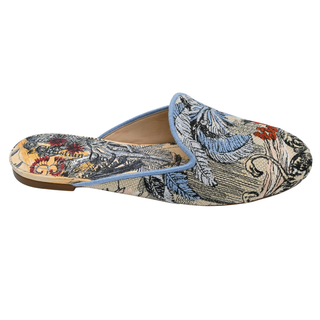 Blue Toile de Jouy Tropical Embroidered Mules