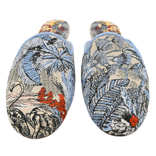 Blue Toile de Jouy Tropical Embroidered Mules