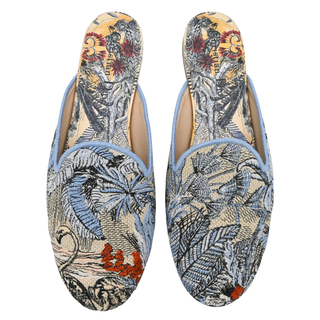 Blue Toile de Jouy Tropical Embroidered Mules
