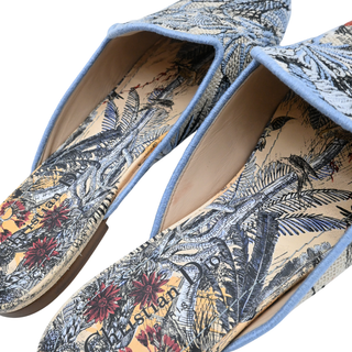 Blue Toile de Jouy Tropical Embroidered Mules