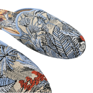 CHRISTIAN DIOR | Blue Toile de Jouy Tropical Embroidered Mules