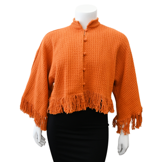 Orange Fringed Knit Cropped Jacket