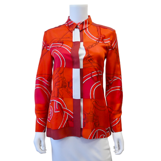 Red Equestrian Print Silk Blouse