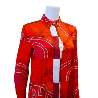 Red Equestrian Print Silk Blouse
