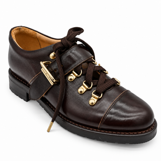 ANGELA SCOTT | Brown Buckled Lace-Up Leather Loafers