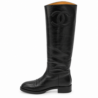 CC Grosgrain Stitched Crinkled Leather Riding Boots