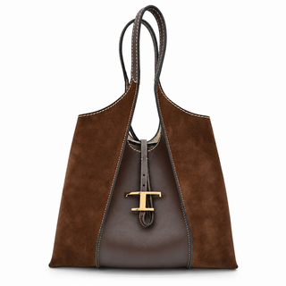 Dark Brown T Timeless Suede & Leather Shopping Tote Bag