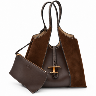 Dark Brown T Timeless Suede & Leather Shopping Tote Bag