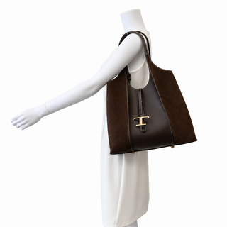 Dark Brown T Timeless Suede & Leather Shopping Tote Bag