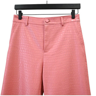 Pink Croc-Embossed Faux Leather Wide Leg Pants