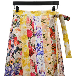 Floral Patchwork Linen Wrap Midi Skirt