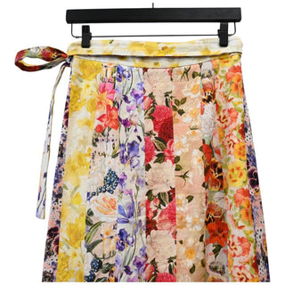 Floral Patchwork Linen Wrap Midi Skirt