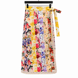 Floral Patchwork Linen Wrap Midi Skirt