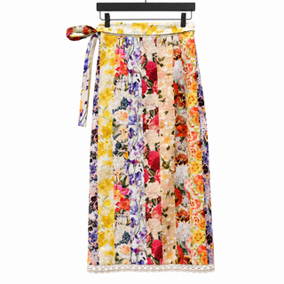 Floral Patchwork Linen Wrap Midi Skirt