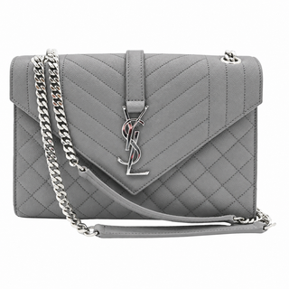 SAINT LAURENT | Light Gray Chevron Quilted Envelope Chain Shoulder Bag