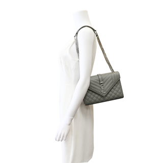 SAINT LAURENT | Light Gray Chevron Quilted Envelope Chain Shoulder Bag